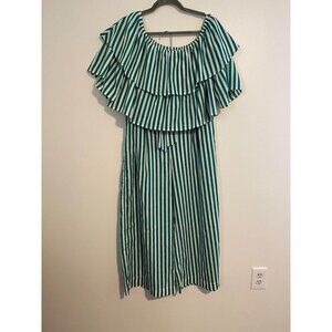 A. Calen Pants Set Green White Striped Off-Shoulder Top & Wide Leg Pants Dressy